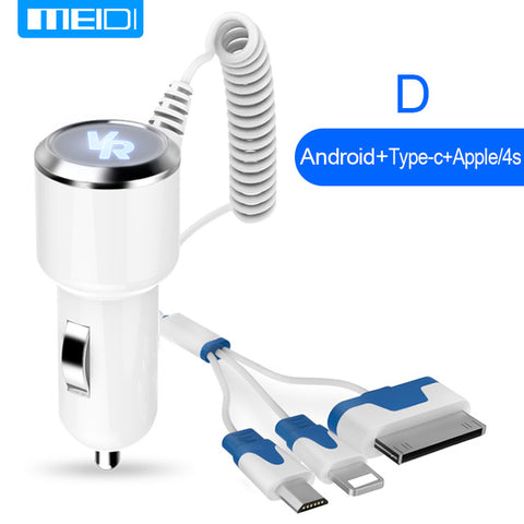 [3 USB Ports Cable] MEIDI Car Charger  Fast Mobile Phone Charger With  Cable For iPhone7 SamsungS7 Xiaomi Type C in Stock